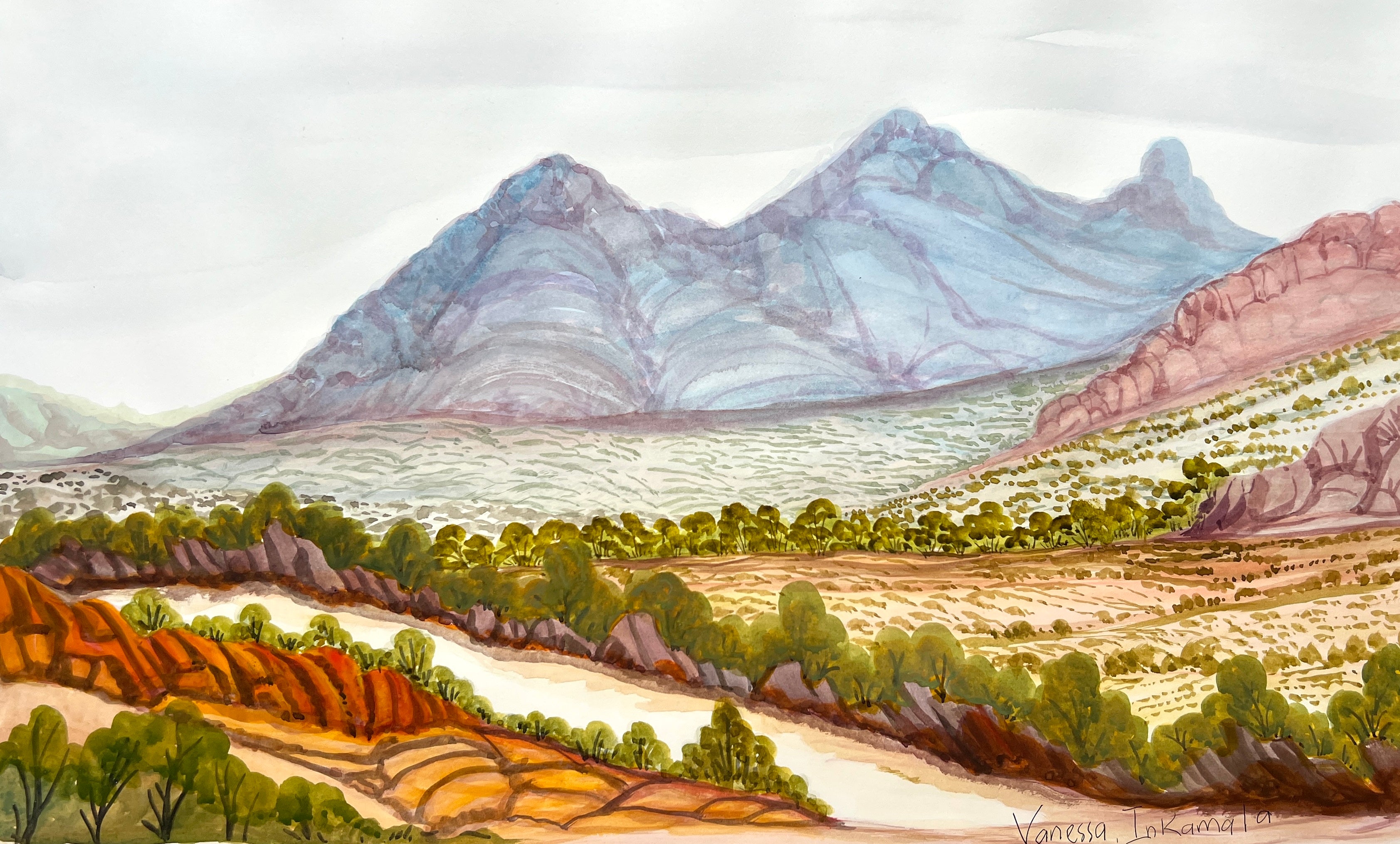 Mount Sonder West MacDonnell Ranges watercolour on paper by Vanessa Inkamala 36 x 56 cm Aboriginal artwork