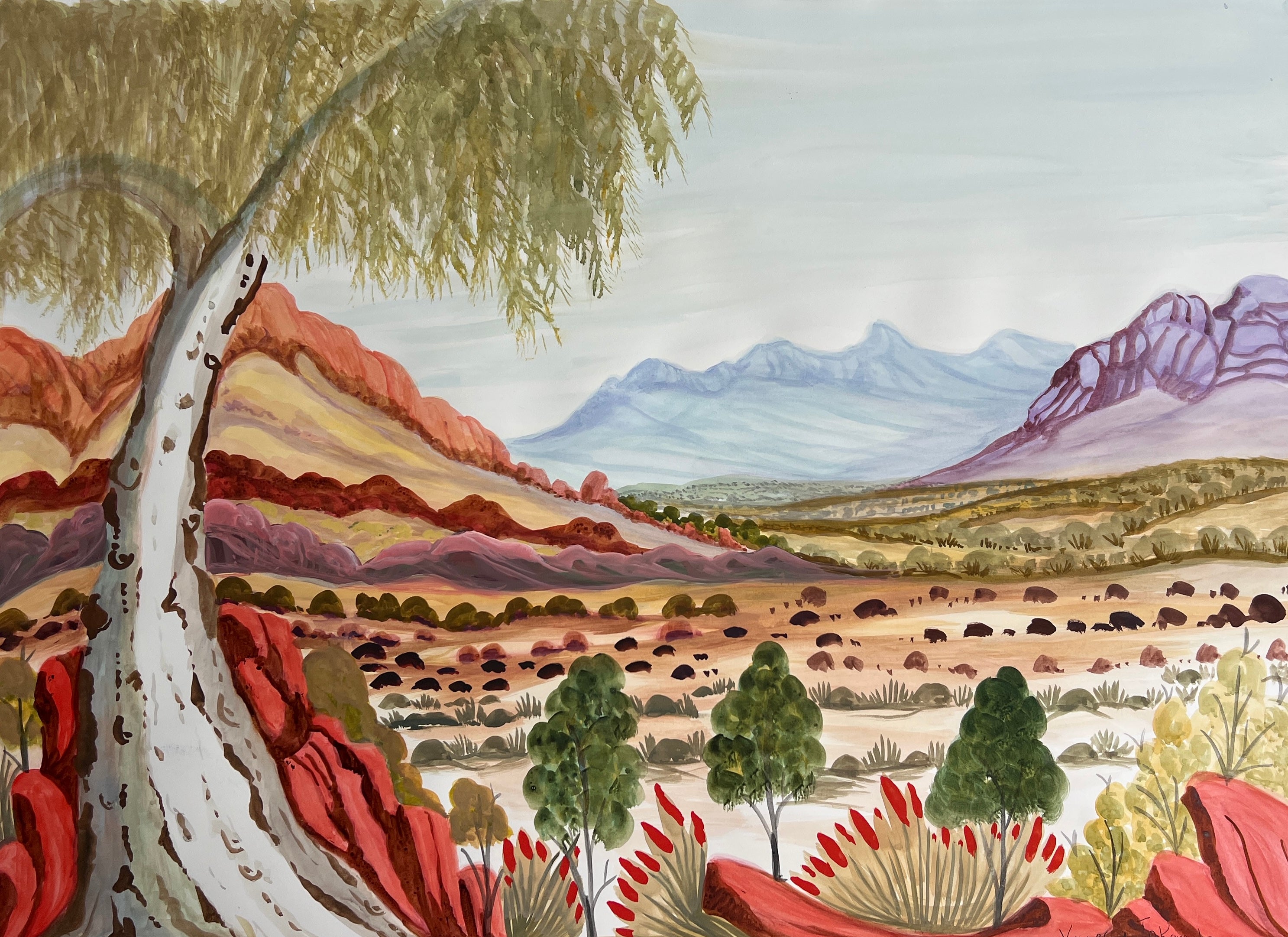 West MacDonnell Ranges watercolour on paper by Vanessa Inkamala 57cm x 77 cm Aboriginal artwork