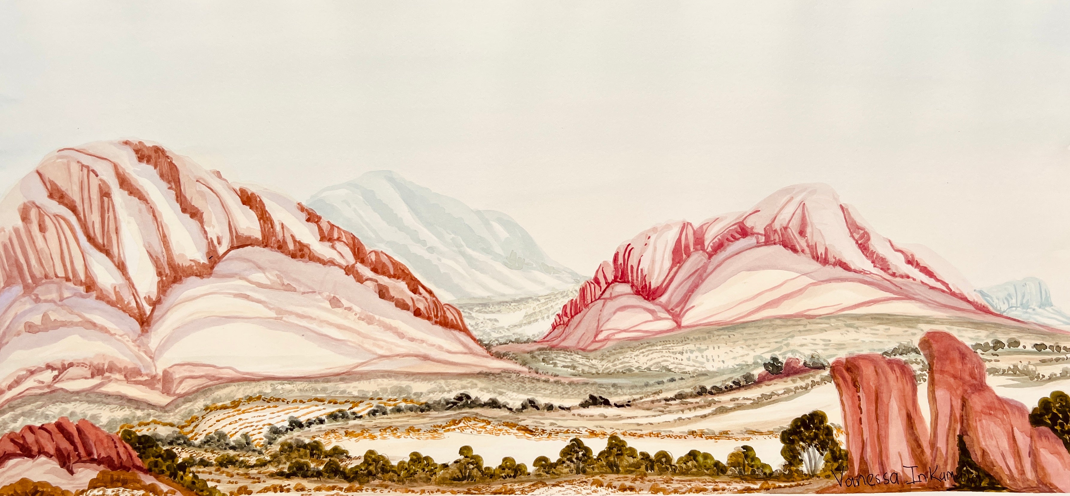 Near Mt Sonder, West MacDonnell Ranges watercolour on paper by Vanessa Inkamala 29cm x 57cm Aboriginal artwork