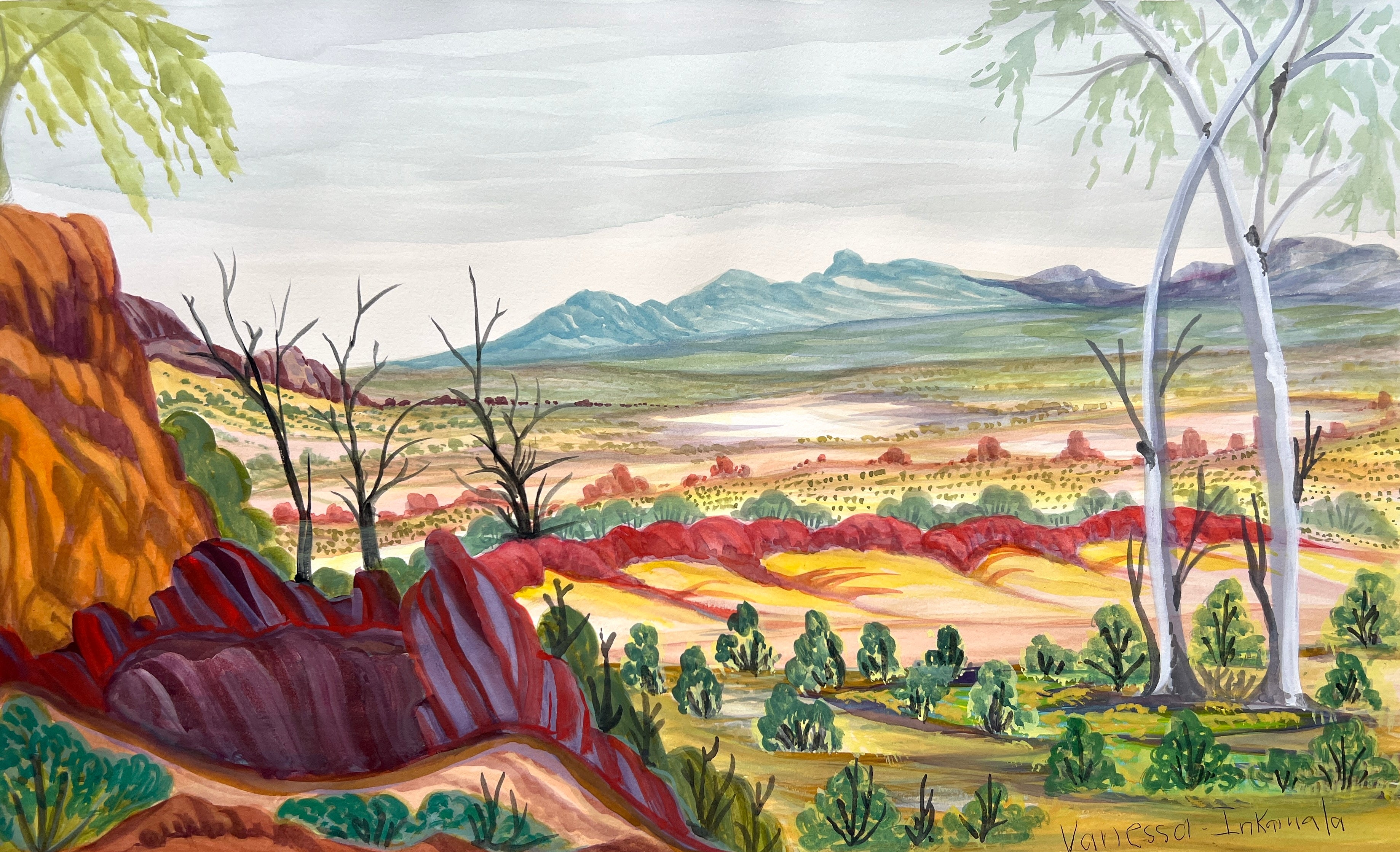 Mount Sonder, West MacDonnell Ranges watercolour on paper by Vanessa Inkamala 36 x 57 cm Aboriginal artwork