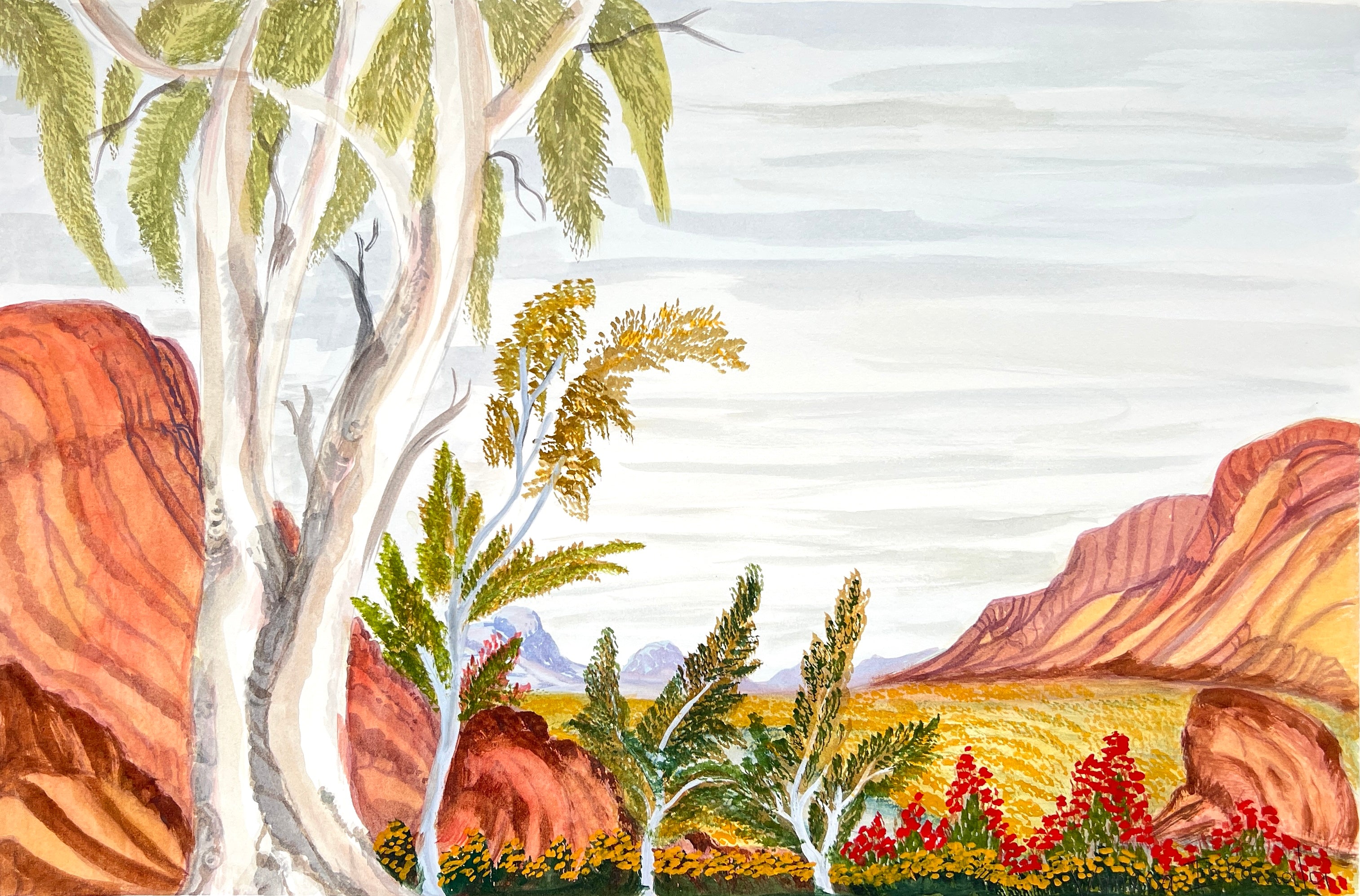 Original Aboriginal watercolour West MacDonnell Ranges by Vanessa Inkamala
Detail of West MacDonnell Ranges landscape by Vanessa Inkamala
