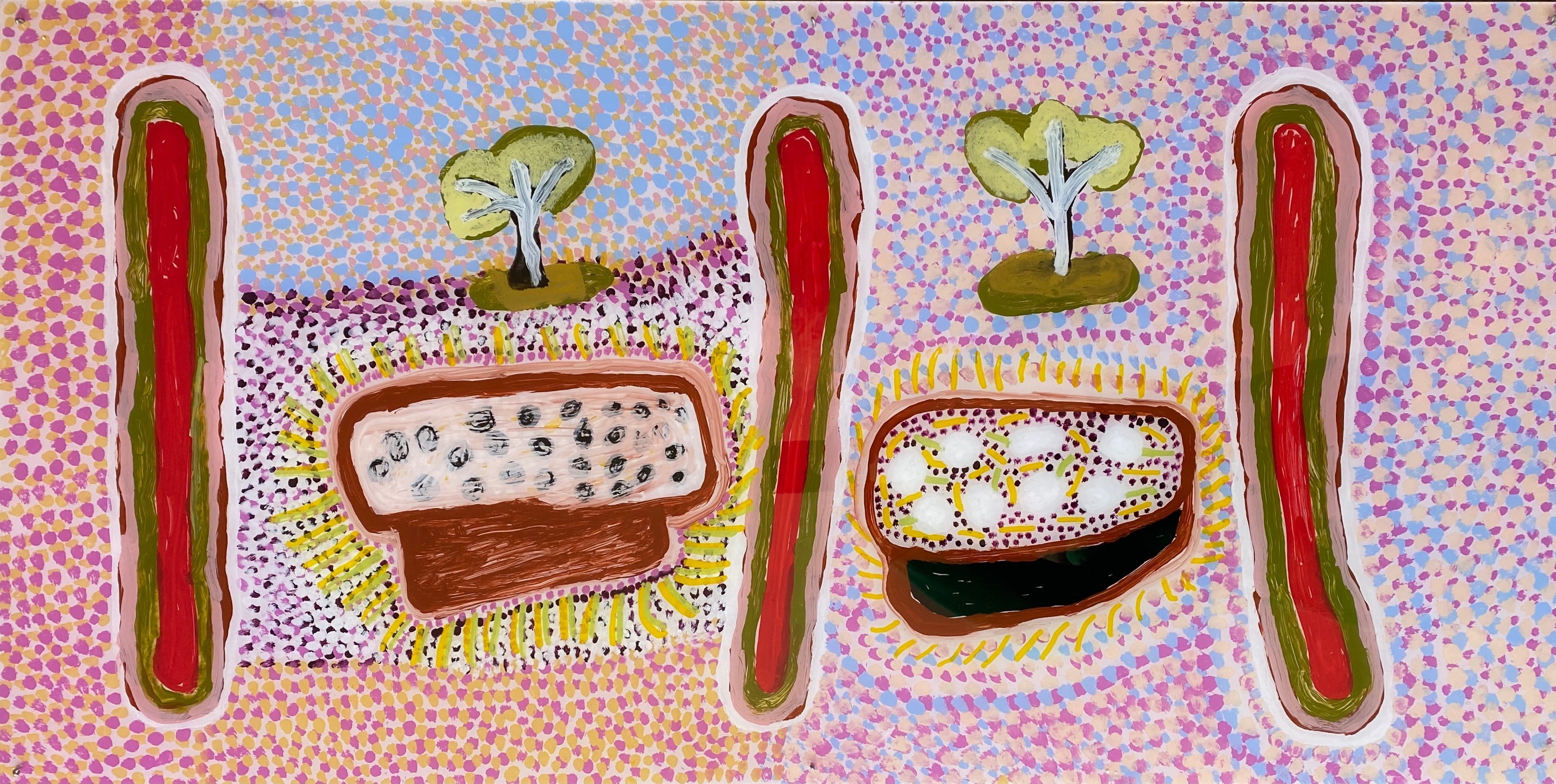 Bush Food 120cm x 60cm acrylic on polycarbonate Aboriginal art painting by Amy Ngurnta Nuggett, ethically sourced