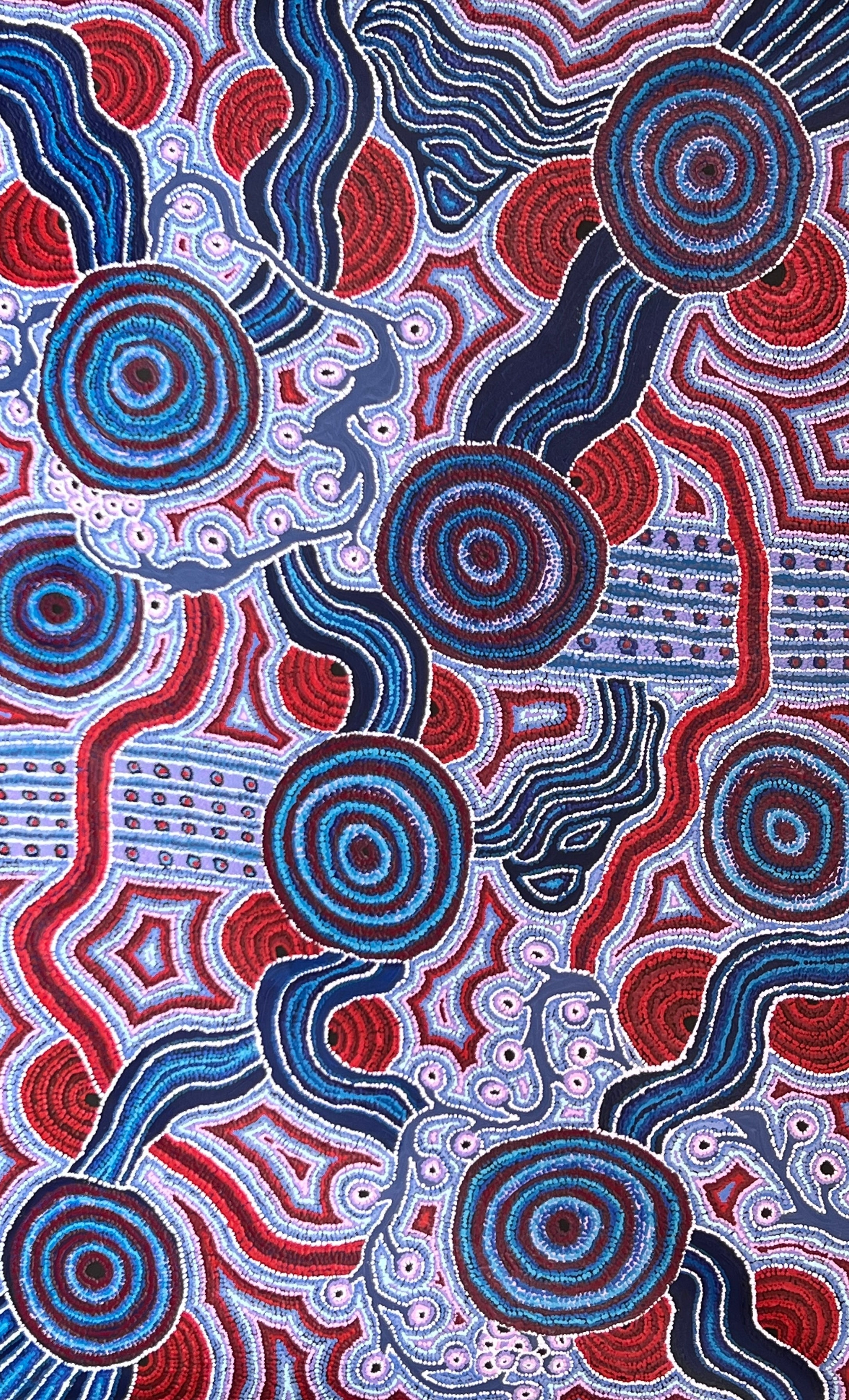 'Minyma Kutjara (Two Women Near Ernabella)' by Daisybell Kulyuru, 181x111cm, APY Land Aboriginal artwork.