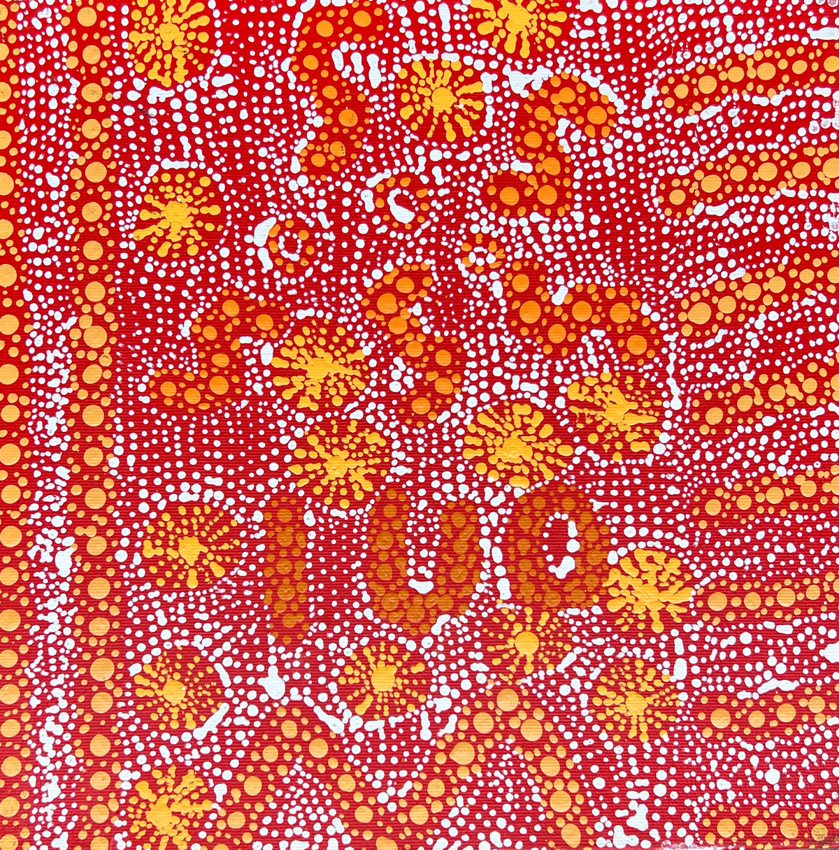 Desert Fringe-rush Seed Dreaming by Hilda Nakamarra Rogers, original Aboriginal acrylic painting on canvas, 30 × 30 cm, depicting the Lukarrara seed Dreaming at Jaralypari.