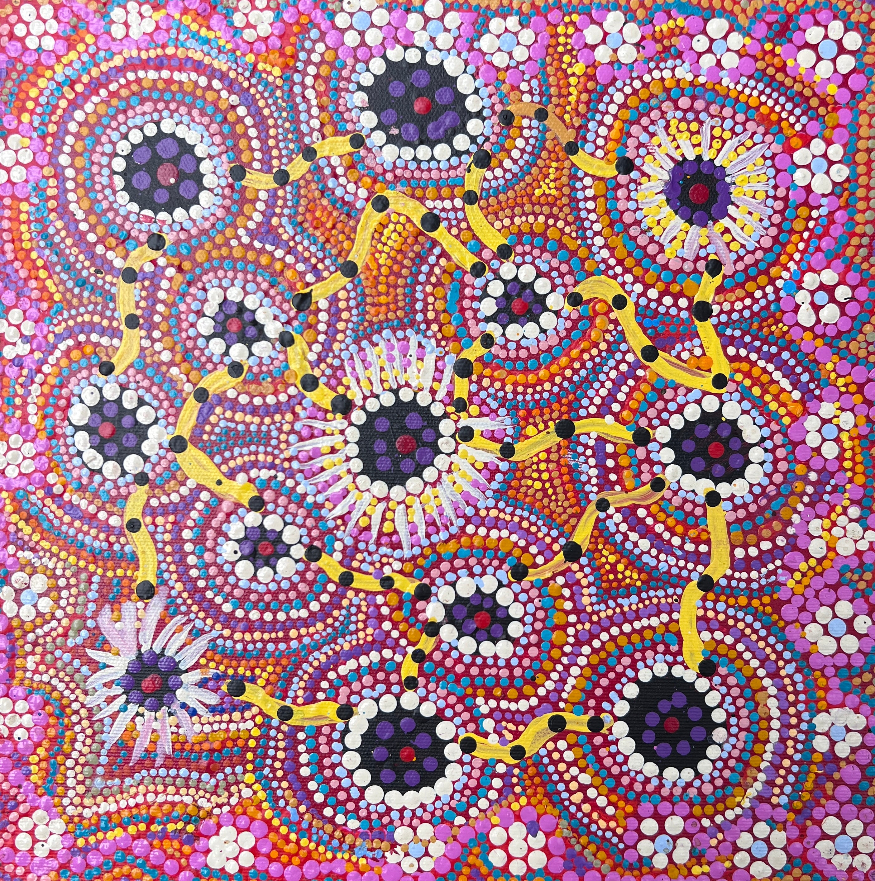 'Snake Dreaming' by Janey Napurrurla Long, 30x30cm, Central Desert Aboriginal artwork.