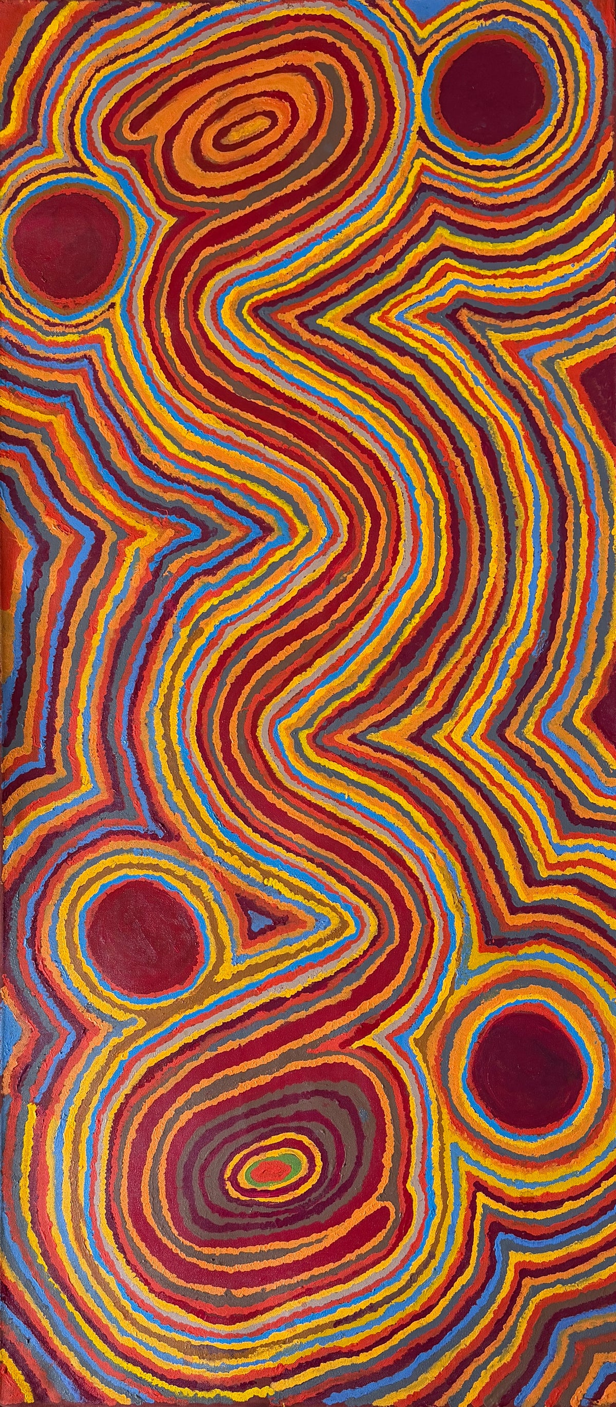 Tjukakarrinyu by Jimmy Tchooga, original Aboriginal acrylic painting on canvas, 182.9 × 81.3 cm, depicting soak water and sandhills in the Tanami Desert.