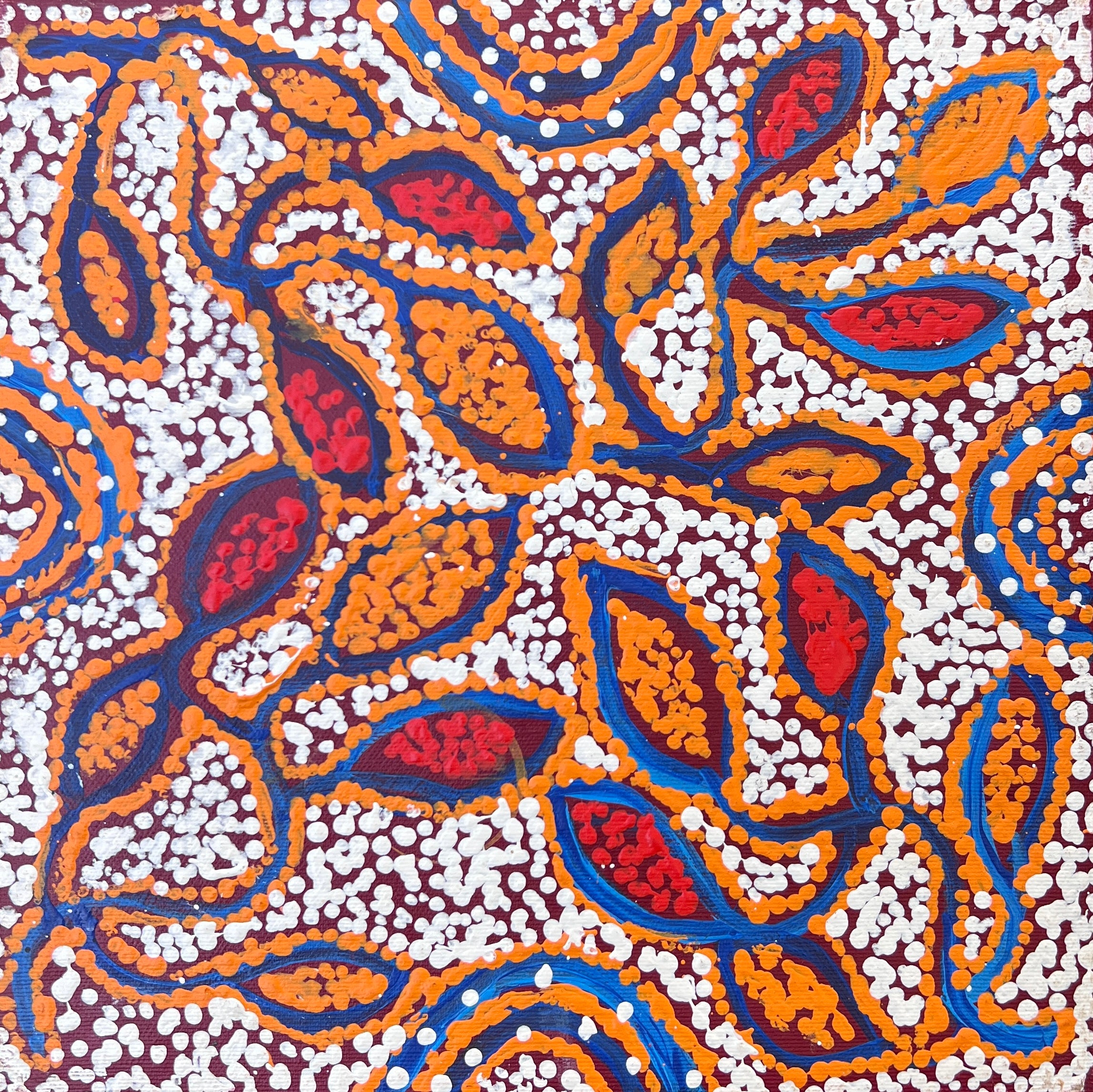 'Water Dreaming' by Juliette Nampijinpa Brown, 30x30cm, Central Desert Aboriginal artwork.