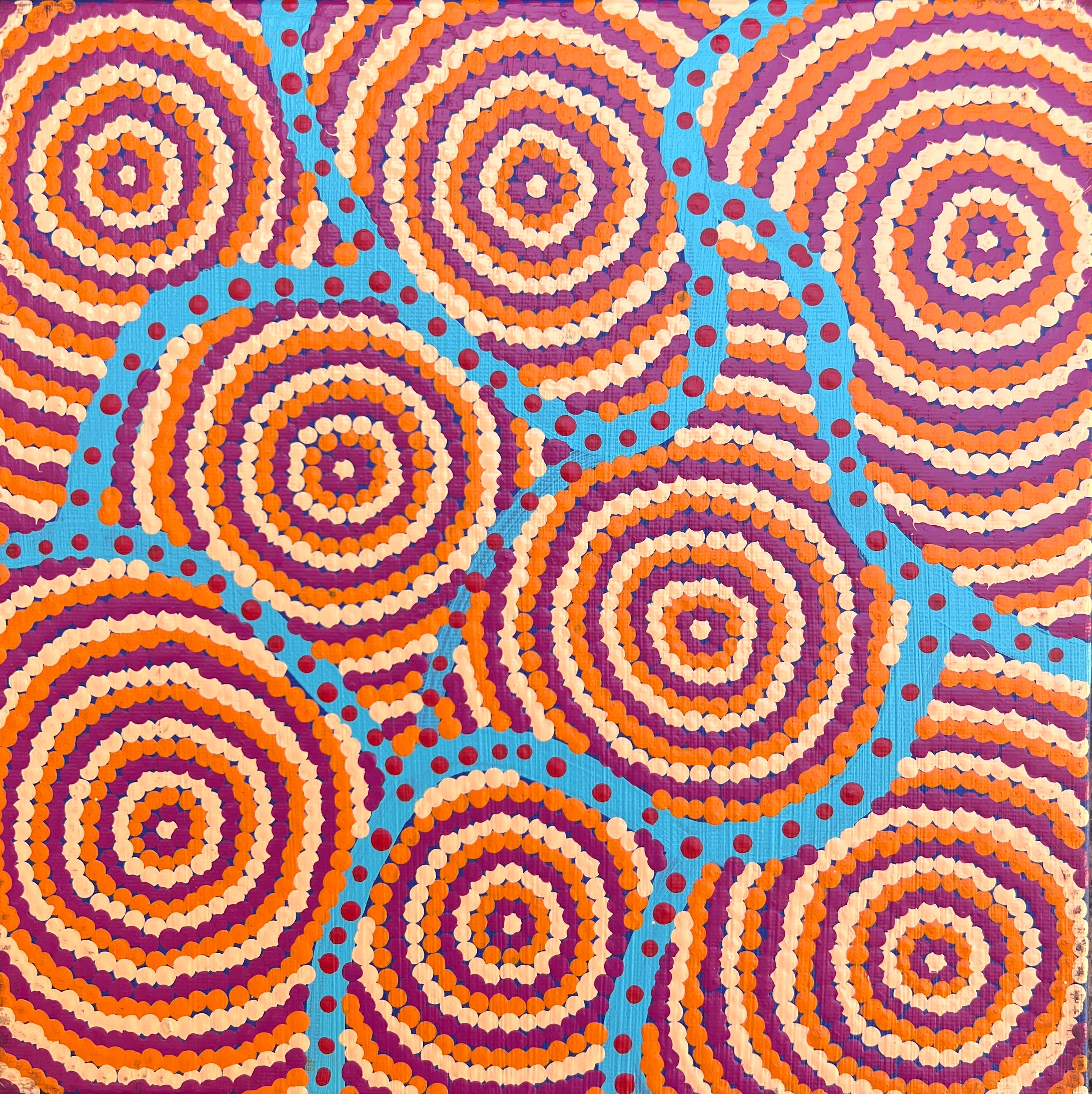 'Bush Banana Dreaming' by Marita Napanangka Marshall, 30x30cm, Central Desert Aboriginal artwork.