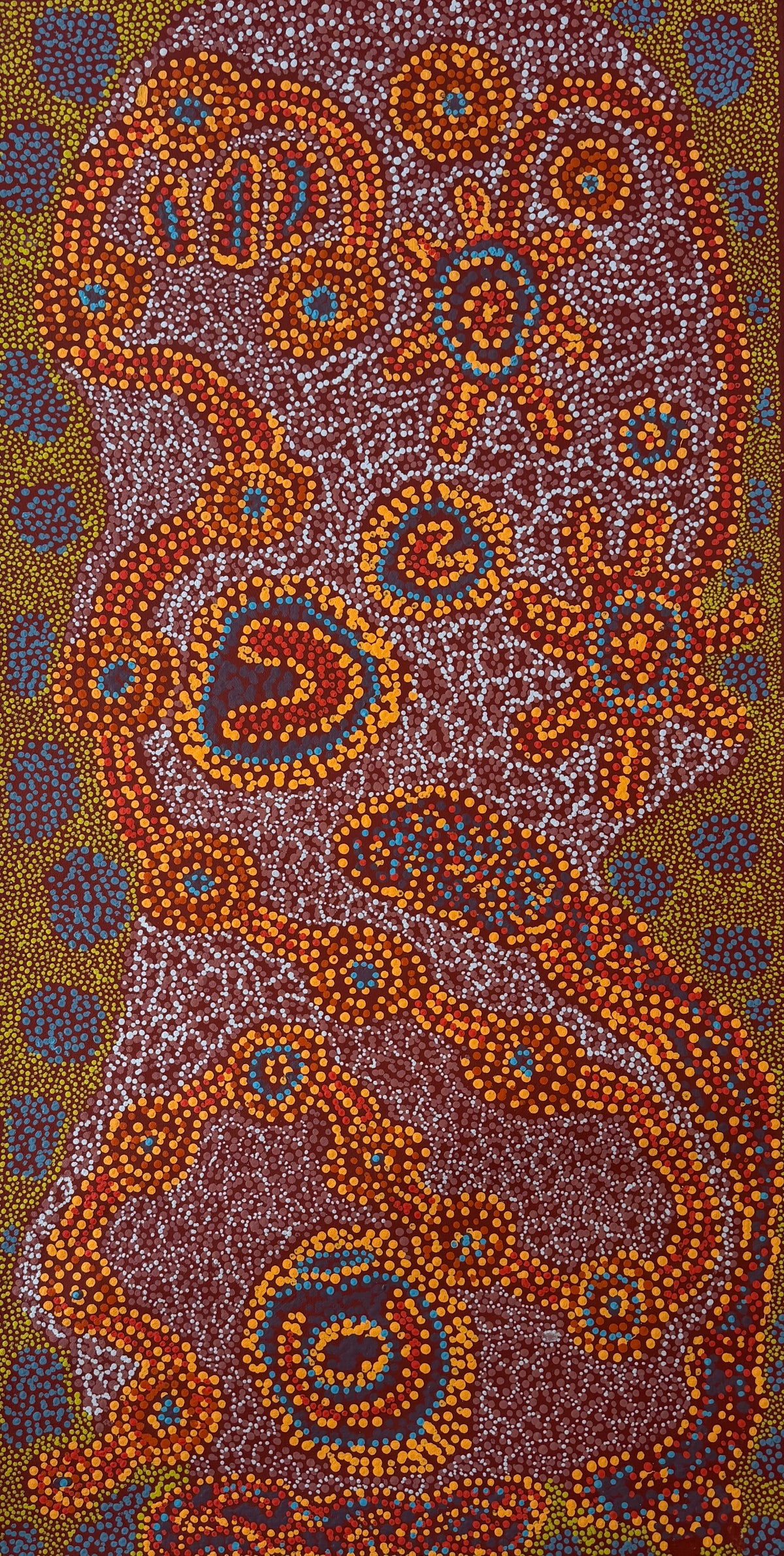 Nylia by Miriam Baadjo, original Aboriginal acrylic painting on canvas, 121.9 × 101.6 cm, by a Balgo artist from Western Australia.