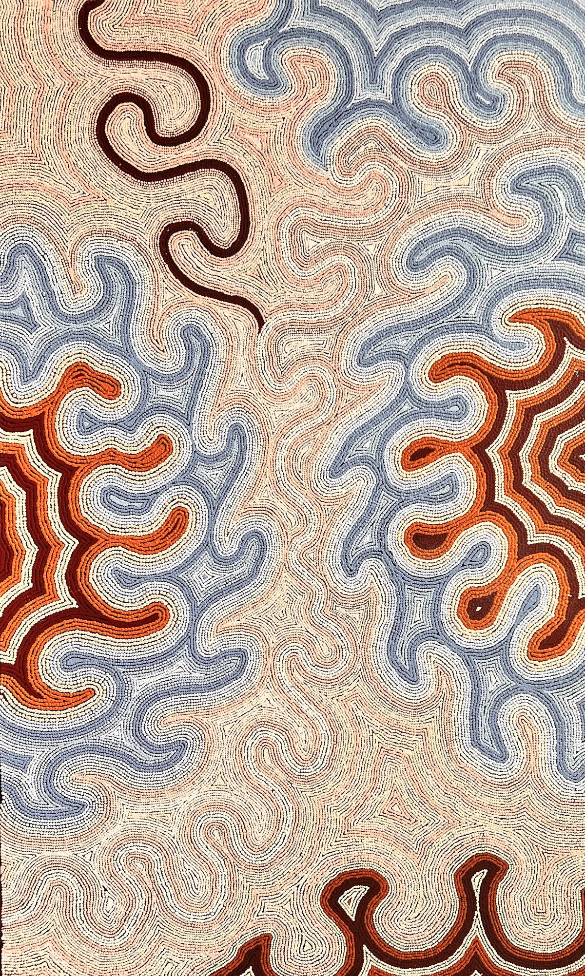 Piltati by Mukayi Baker, original Aboriginal acrylic painting on canvas, 152 × 91 cm, relating to the Wanampi Rainbow Serpents story.