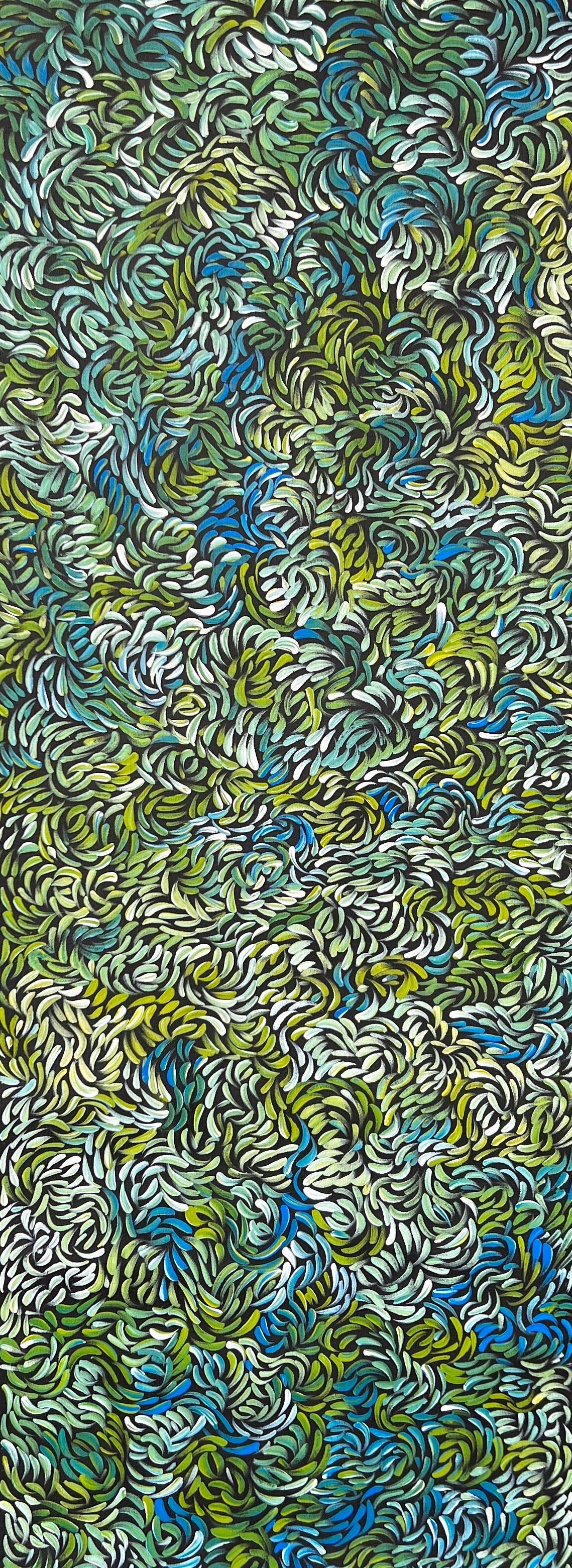 'Skinny Bush Banana' by Nola Fisher, 122x46cm, Acrylic on Canvas, Central Desert Aboriginal artwork by Aboriginal Contemporary.