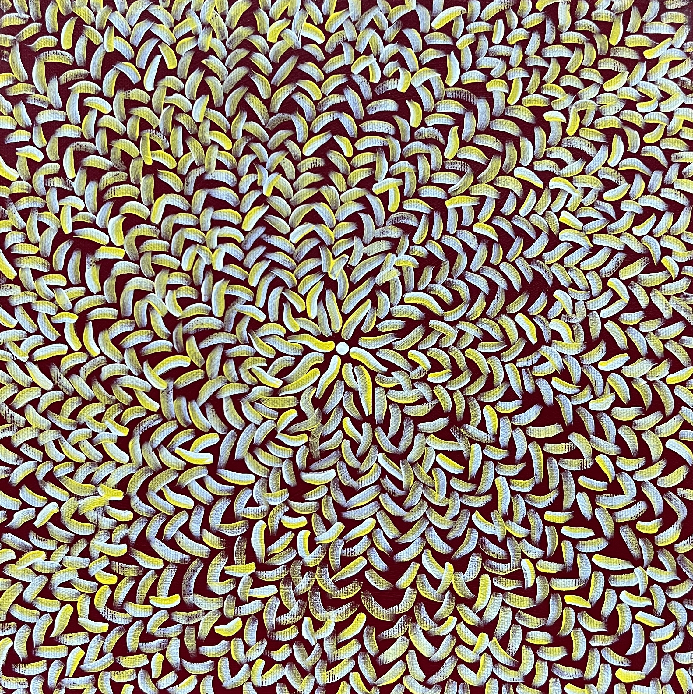 “Aboriginal artwork by Shanna Nampijinpa Wilson from Yuendumu, featuring Warlpiri Dreaming designs in vibrant acrylic patterns.”