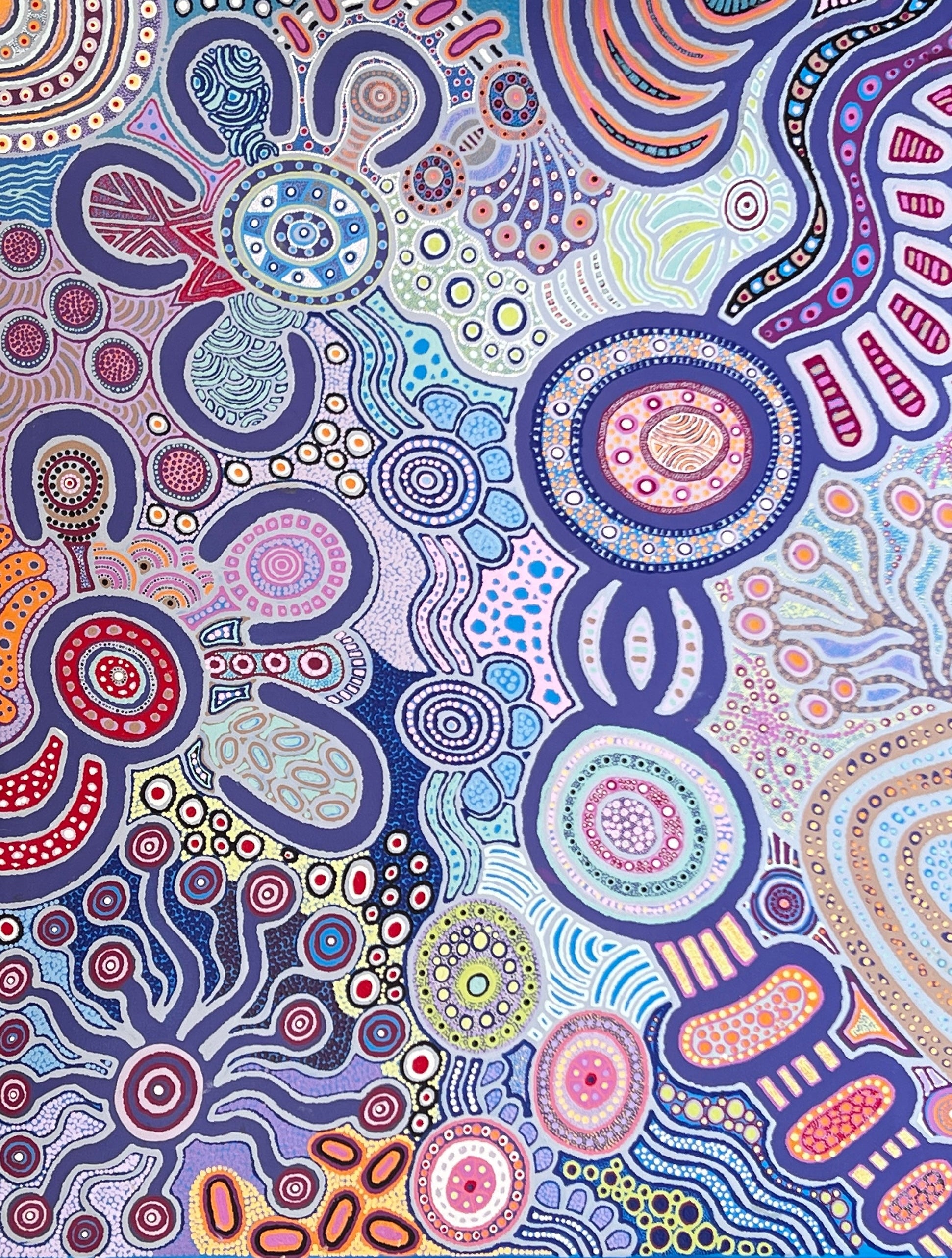 'Kungkarangkalpa / Seven Sisters' by Vivian Pingkayi Thompson, 137x106cm, APY Lands Aboriginal artwork.