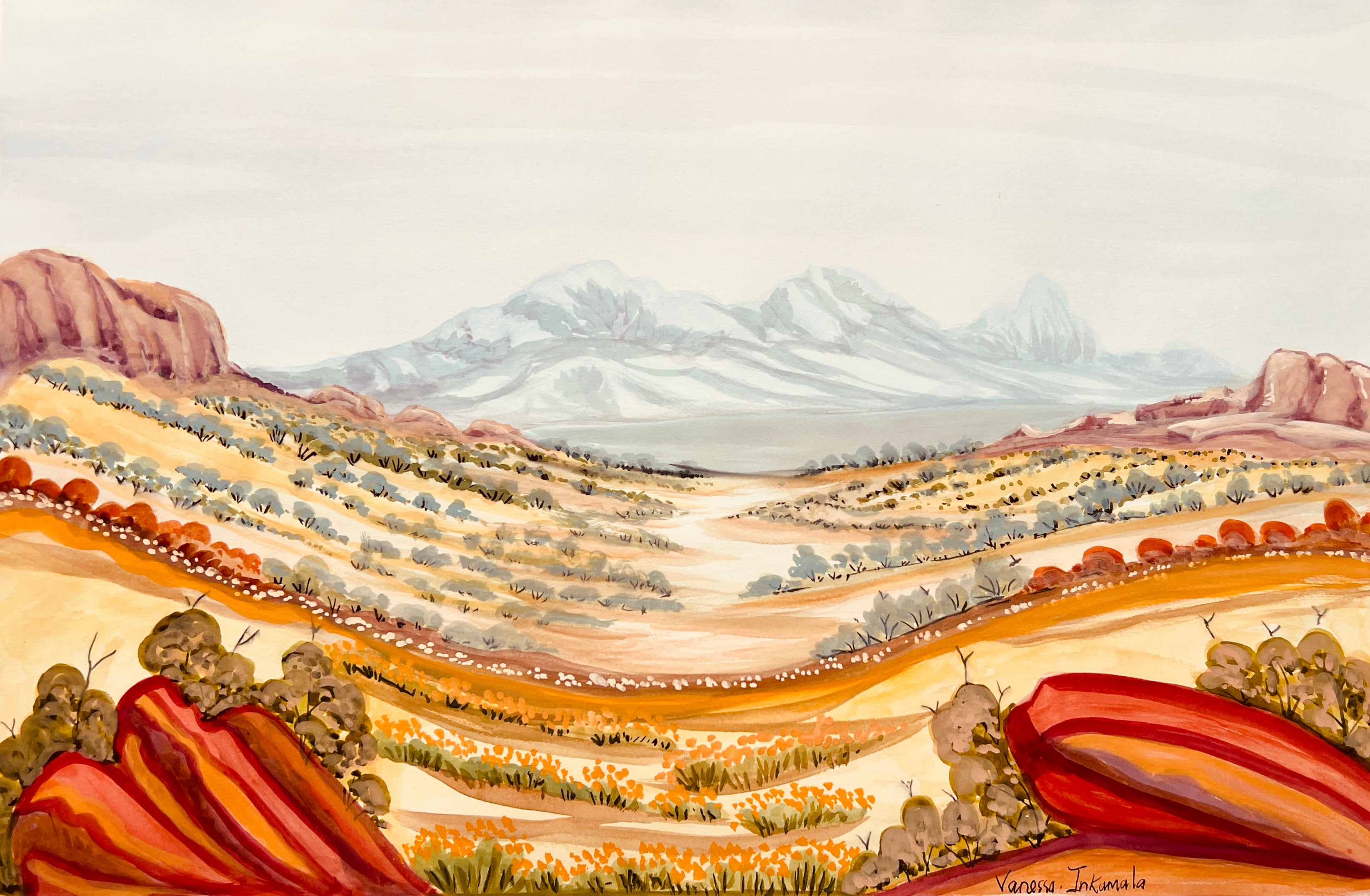 Mount Sonder after the rain - West MacDonnell Ranges watercolour on paper by Vanessa Inkamala 38  cm x 56 cm Aboriginal artwork
