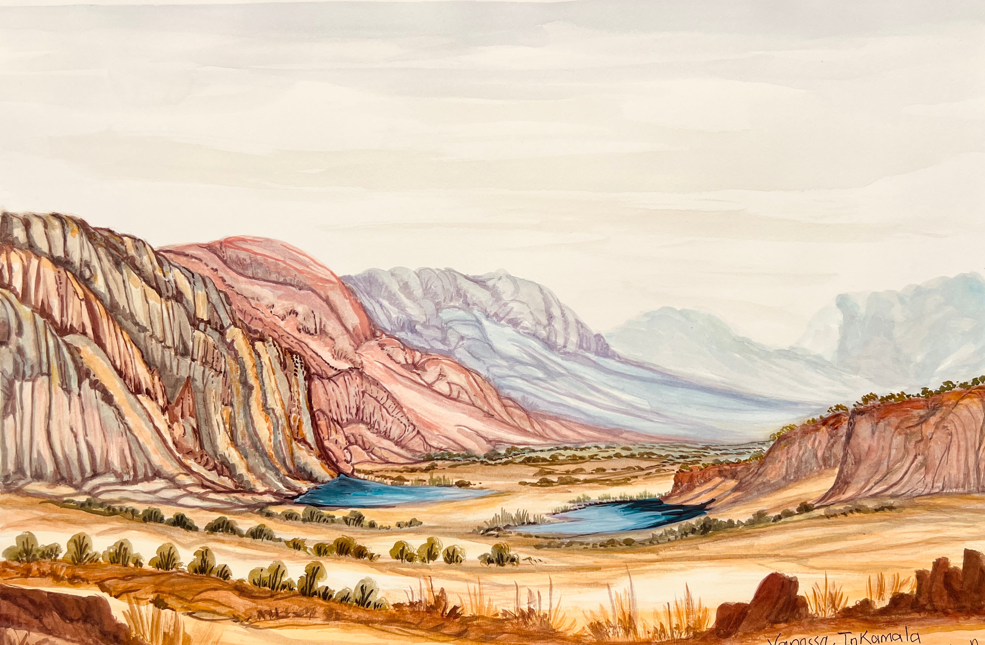 Organ Pipes watercolour on paper by Vanessa Inkamala 36 x 54 cm Aboriginal artwork
