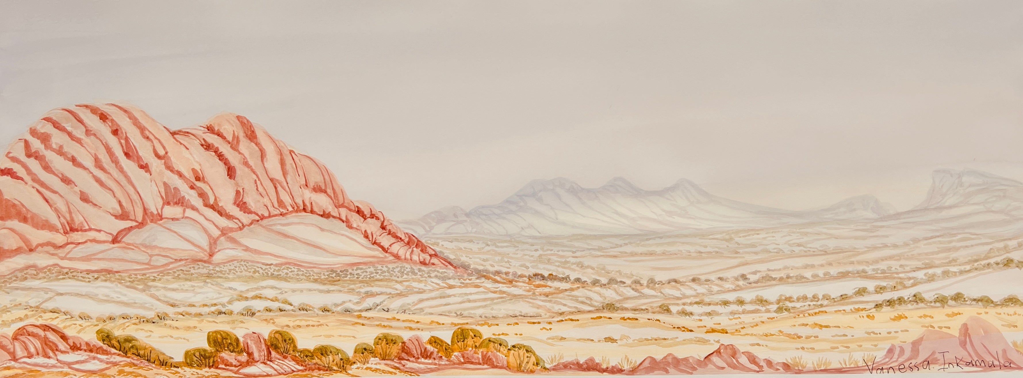 Tjoritja, West MacDonnell Ranges watercolour on paper by Vanessa Inkamala 31 x 77 cm Aboriginal artwork
