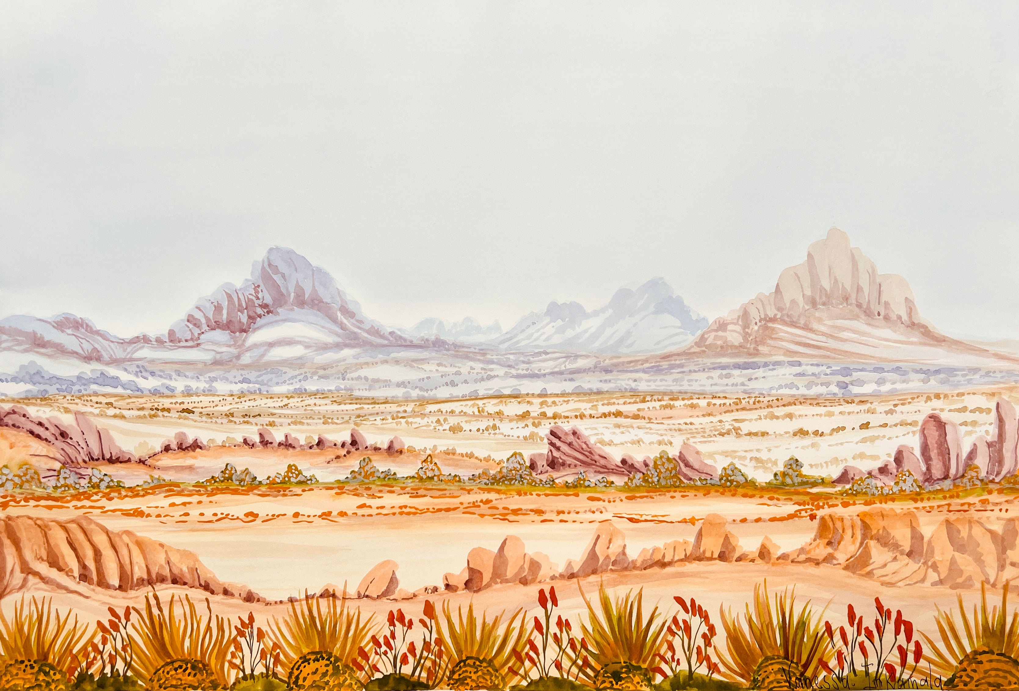 Tjoritja, West MacDonnell Ranges watercolour on paper by Vanessa Inkamala 40x 56cm Aboriginal artwork
