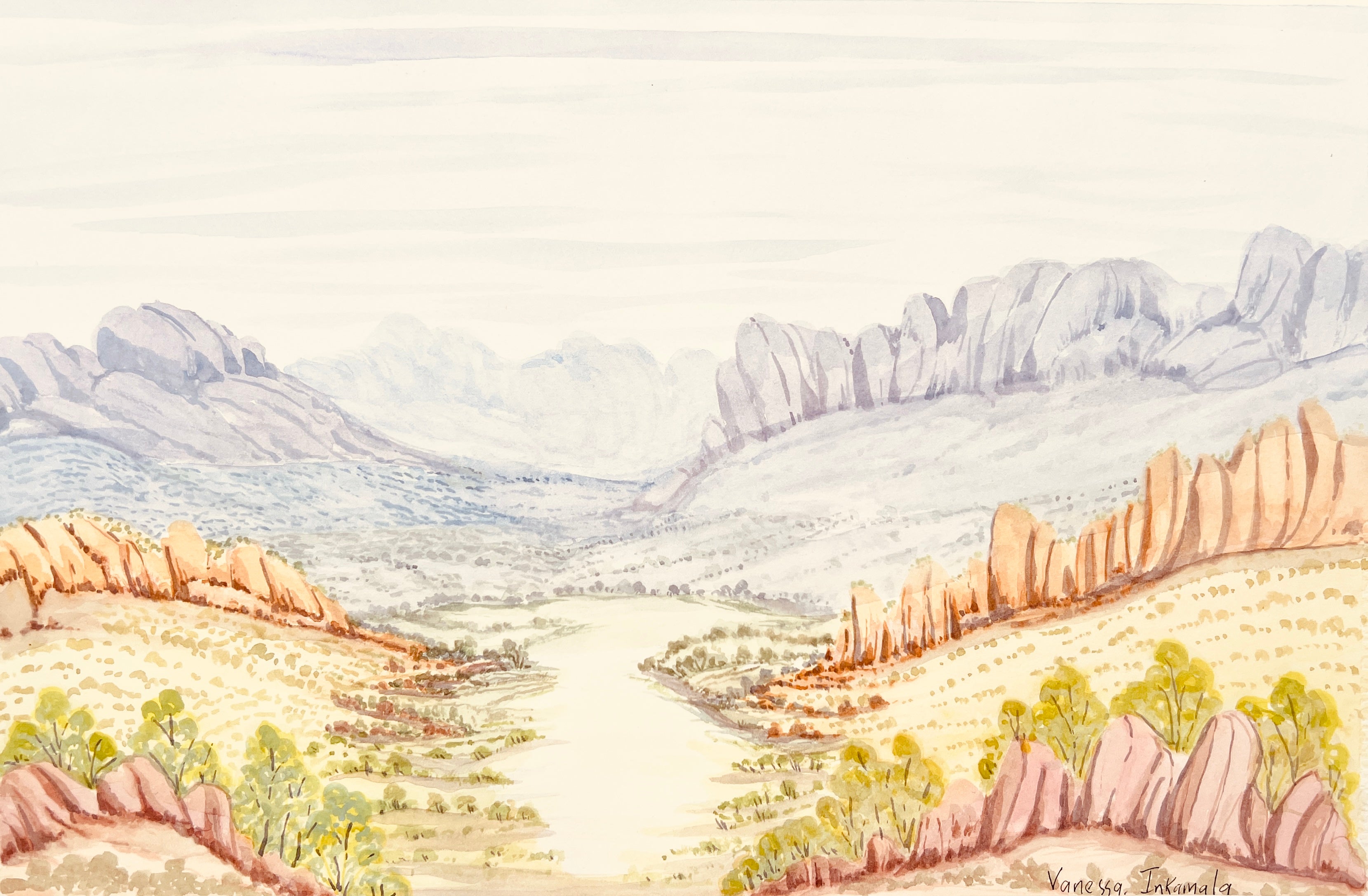 West MacDonnell Ranges watercolour on paper by Vanessa Inkamala 38 x 56 cm Aboriginal artwork
