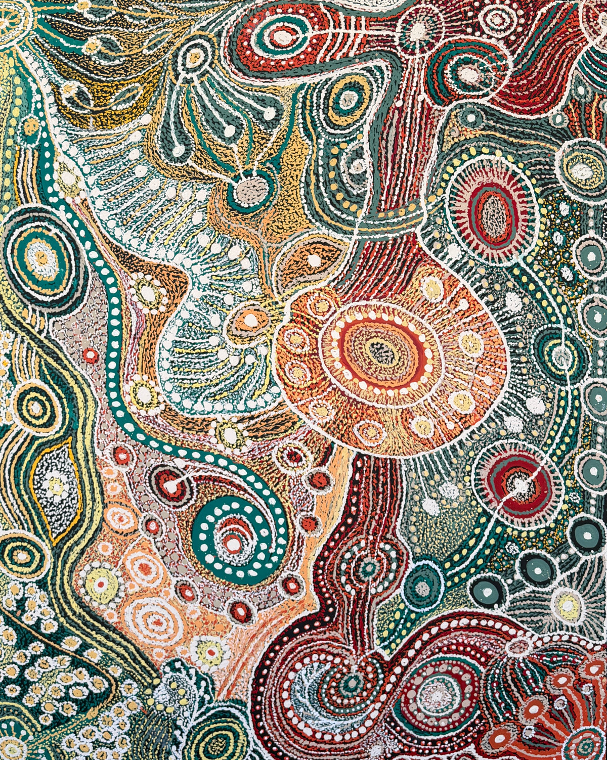 Tjukurpa Mulayangu by Atipalku Intjalki, original Aboriginal acrylic painting on canvas, 152 × 122 cm, depicting her father's Country in the APY Lands.