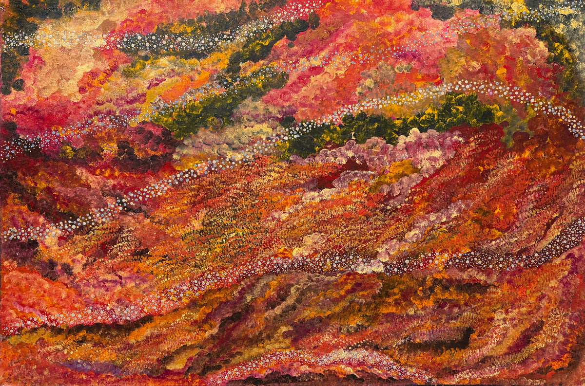 Original Aboriginal painting Karlyapilyirra by Dulcie Nanala, depicting saltpans, claypans and sandhills near Balgo in the Great Sandy Desert.