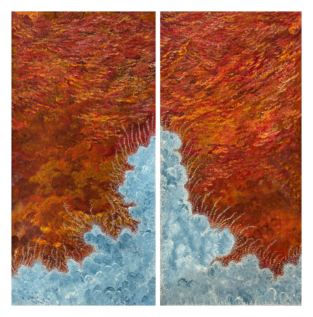 Wilkinkarra by Dulcie Nanala, original Aboriginal acrylic diptych painting depicting the salt lakes and sandhills of the Western Desert.