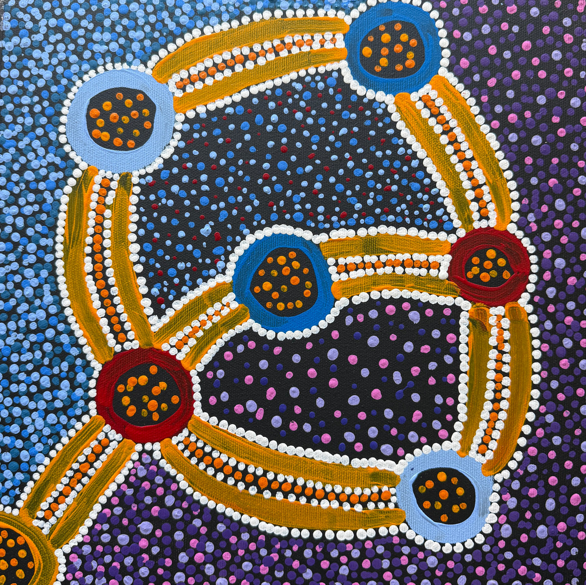 Water Dreaming by Emmalisha Nampijinpa Robertson, original Aboriginal acrylic painting on canvas, 30 × 30 cm, relating to Puyurru near Yuendumu.