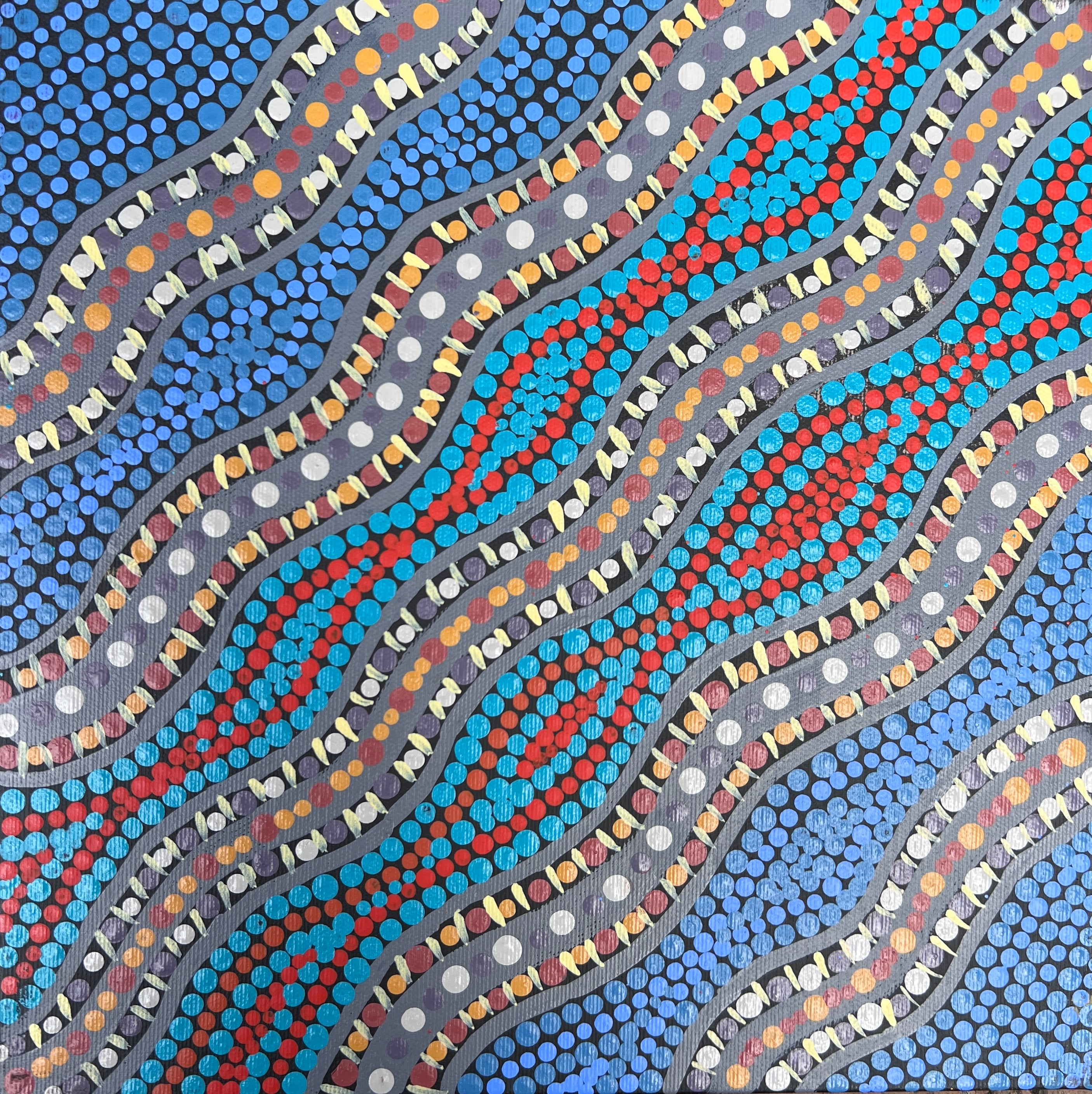 'Fire country Dreaming' by Jacinta Nampijinpa Dixon, 30x30cm, Central Desert Aboriginal artwork. 