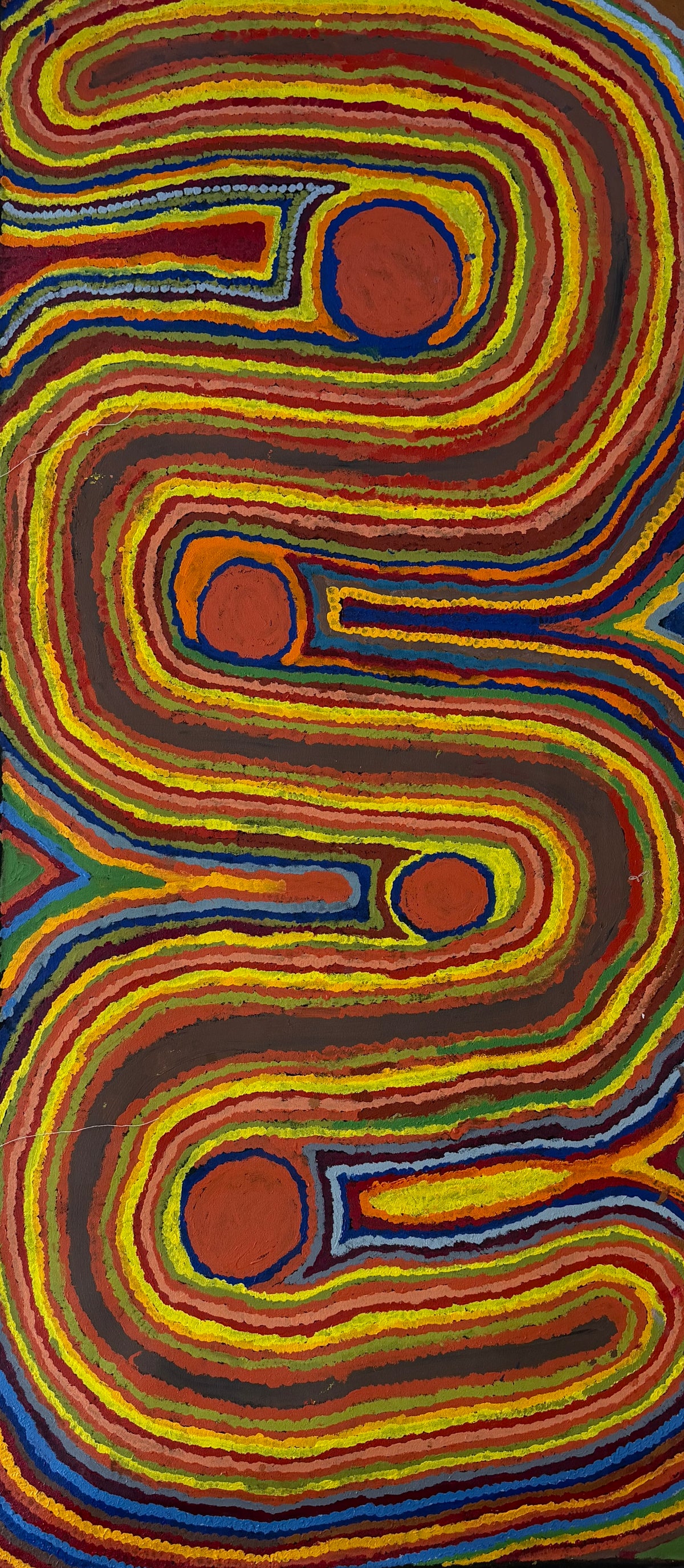 Tjukakarrinyu (Cat. 87-26) by Jimmy Tchooga, original Aboriginal acrylic painting on canvas, 182.9 × 81.3 cm, depicting Country in the Tanami Desert.