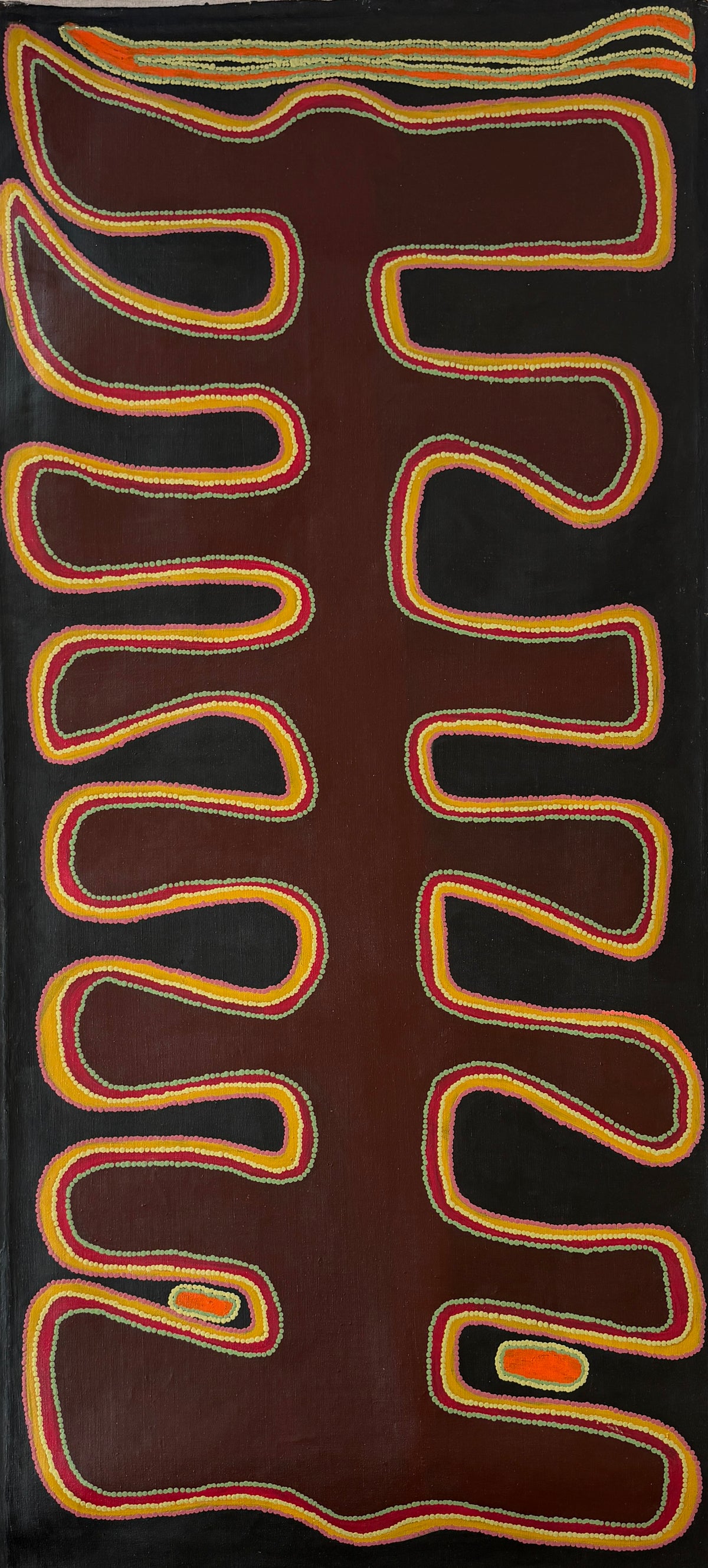 Wilkinkarra by Pauline Sunfly, original Aboriginal acrylic painting, 182.9 × 81.3 cm, depicting Country near Lake Mackay, Western Australia.