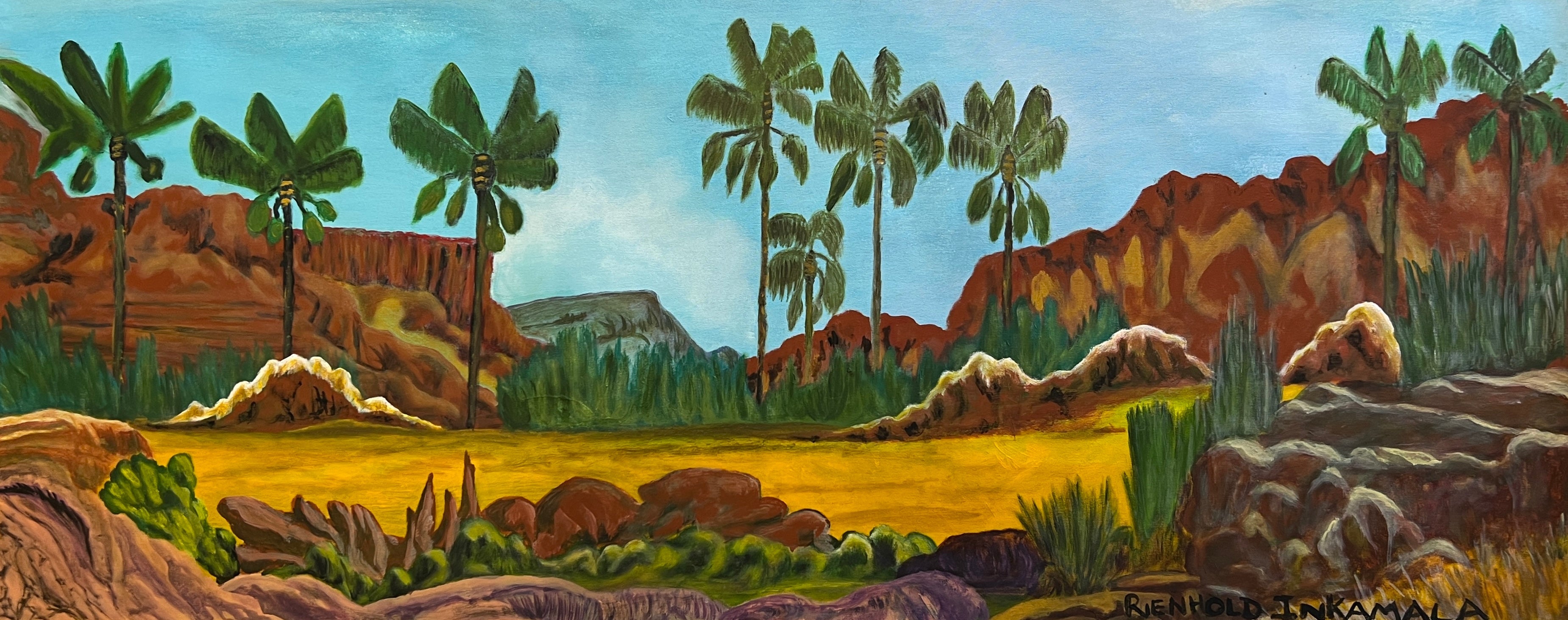 'Alyape' by Reinhold Inkamala, 56x137cm, Acrylic on Canvas, NT Aboriginal artwork. 