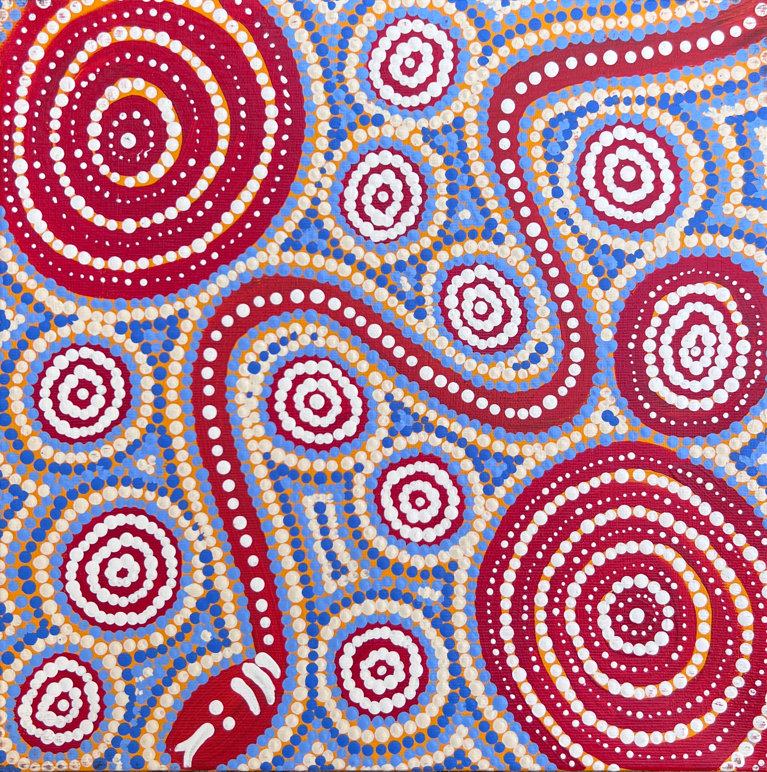 'Snake Dreaming' by Steven Jakamarra Oldfield, 30x30cm, Central Desert Aboriginal artwork. 