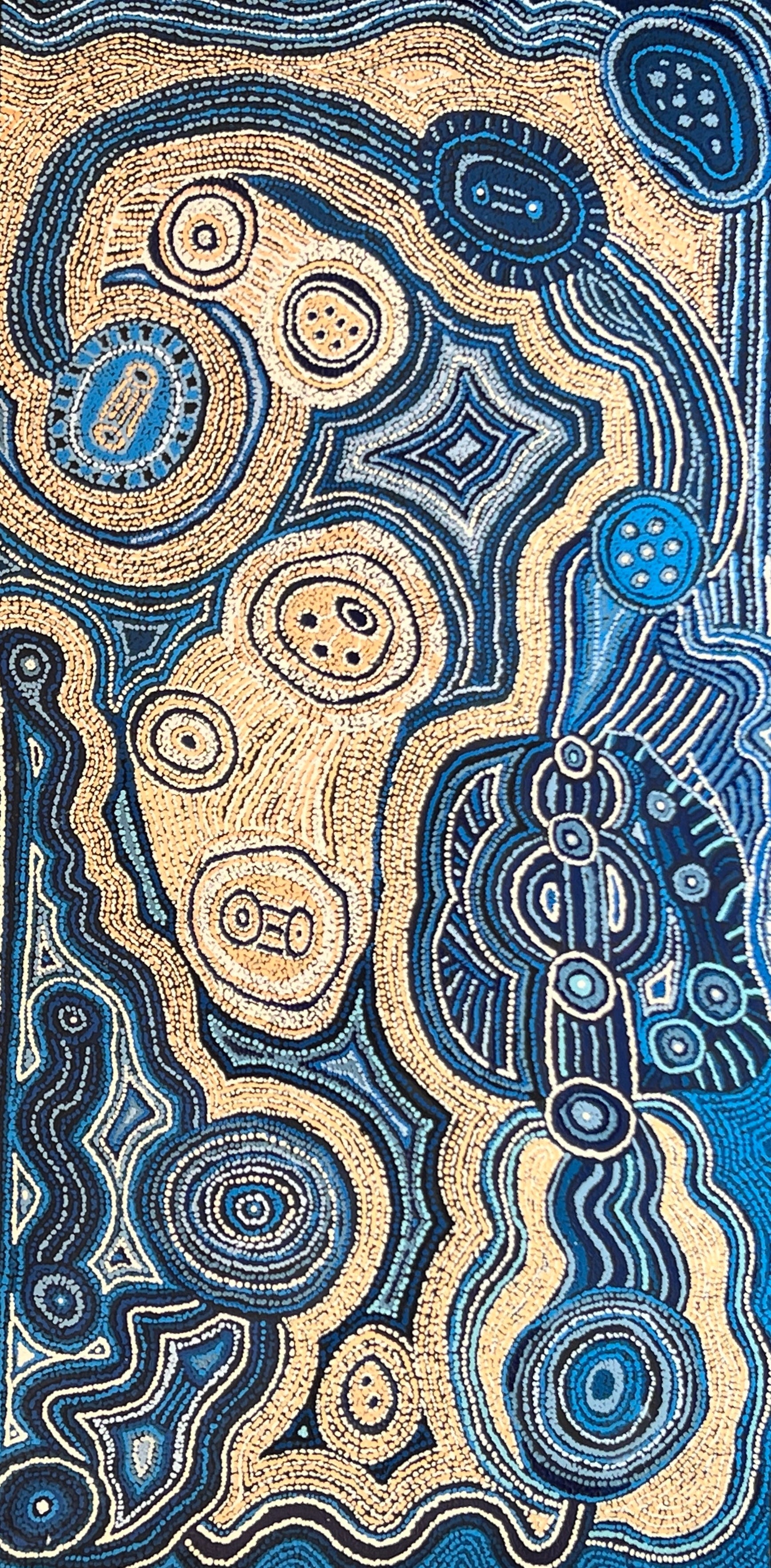 'Minyma Kutjara (Two Women Near Ernabella)' by Unurupa Nami Kulyuru, 178x90cm, APY Lands Aboriginal artwork. 