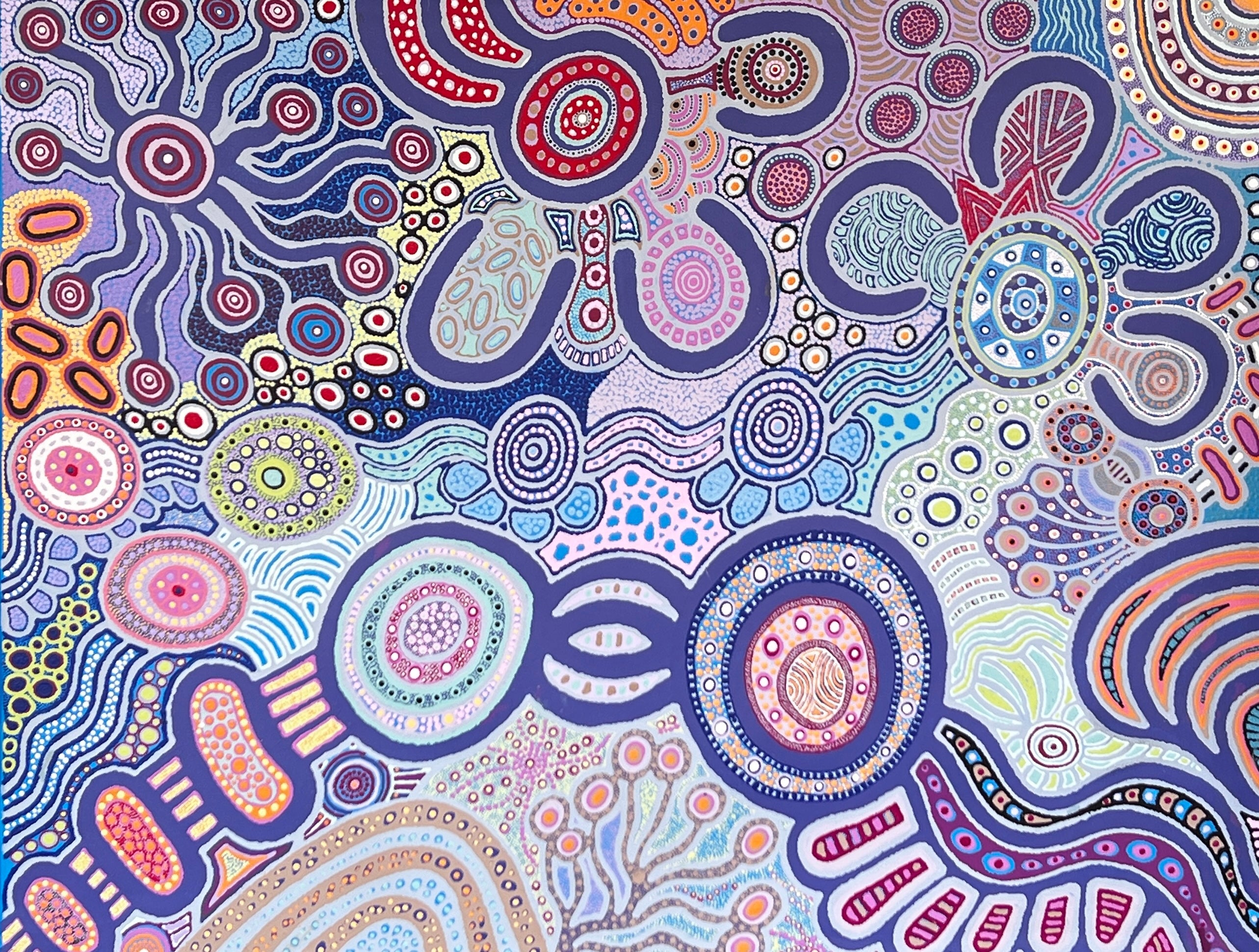 'Kungkarangkalpa / Seven Sisters' by Vivian Pingkayi Thompson, 137x106cm, APY Lands Aboriginal artwork. 