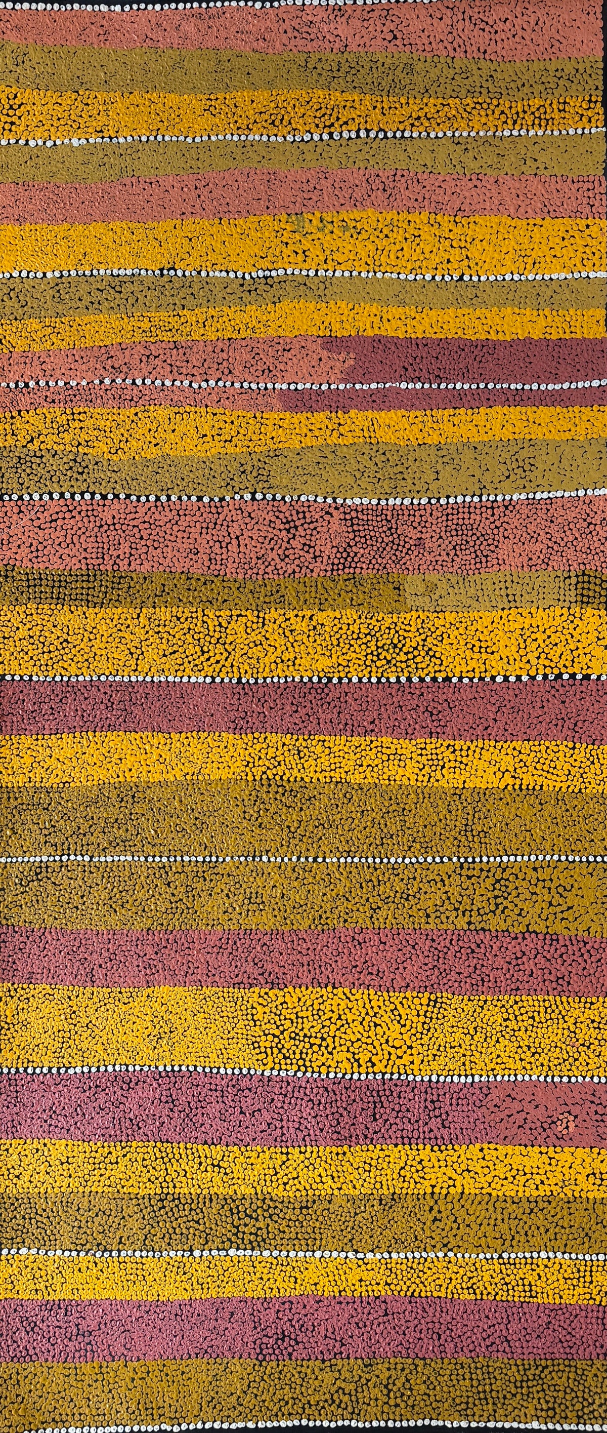 Wilkinkarra by Winifred Nanala, original Aboriginal acrylic painting on canvas, 182.9 × 81.3 cm, representing Lake Mackay and surrounding sand dunes.
